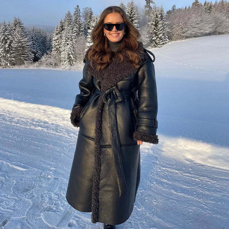 Faux Fur Leather Patchwork Long Coat for Women, Lapel Collar Belted Cotton-Lined Winter Jacket