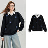 TOYOUTH Women Denim Floral Embroidered Faux Two-Piece Cotton-Blend Pullover Sweatshirt with Turn-Down Collar