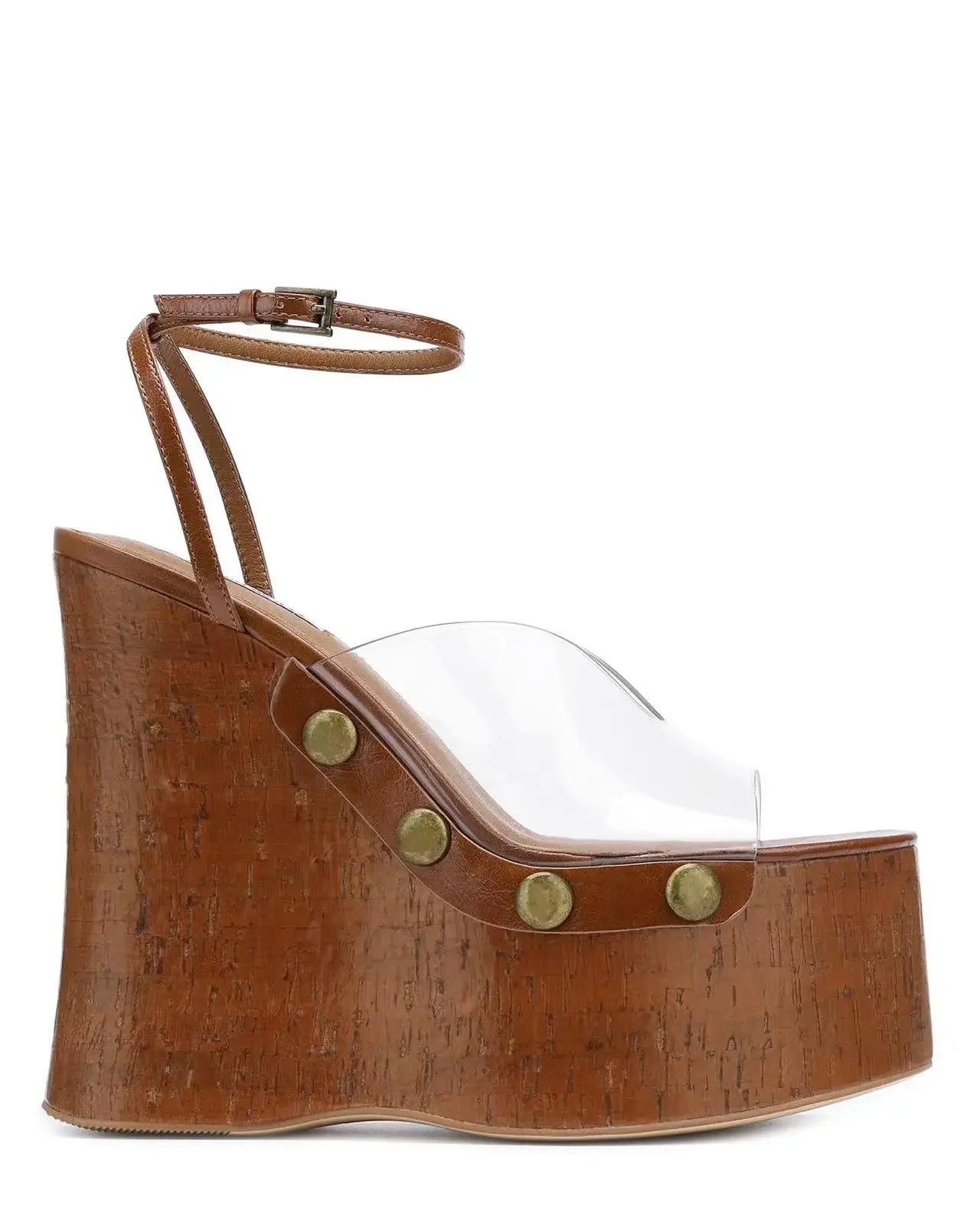 Women's Woodgrain Chunky Sandals – Square Block Heel 14 cm (5.5 in), Waterproof, Rivet & Rhinestone Accents, Metal Buckle