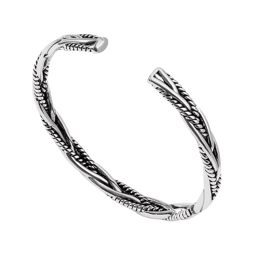Antique Silver Twist Cuff Bracelet - Adjustable Open Bangle 7cm (2.75in) Unisex