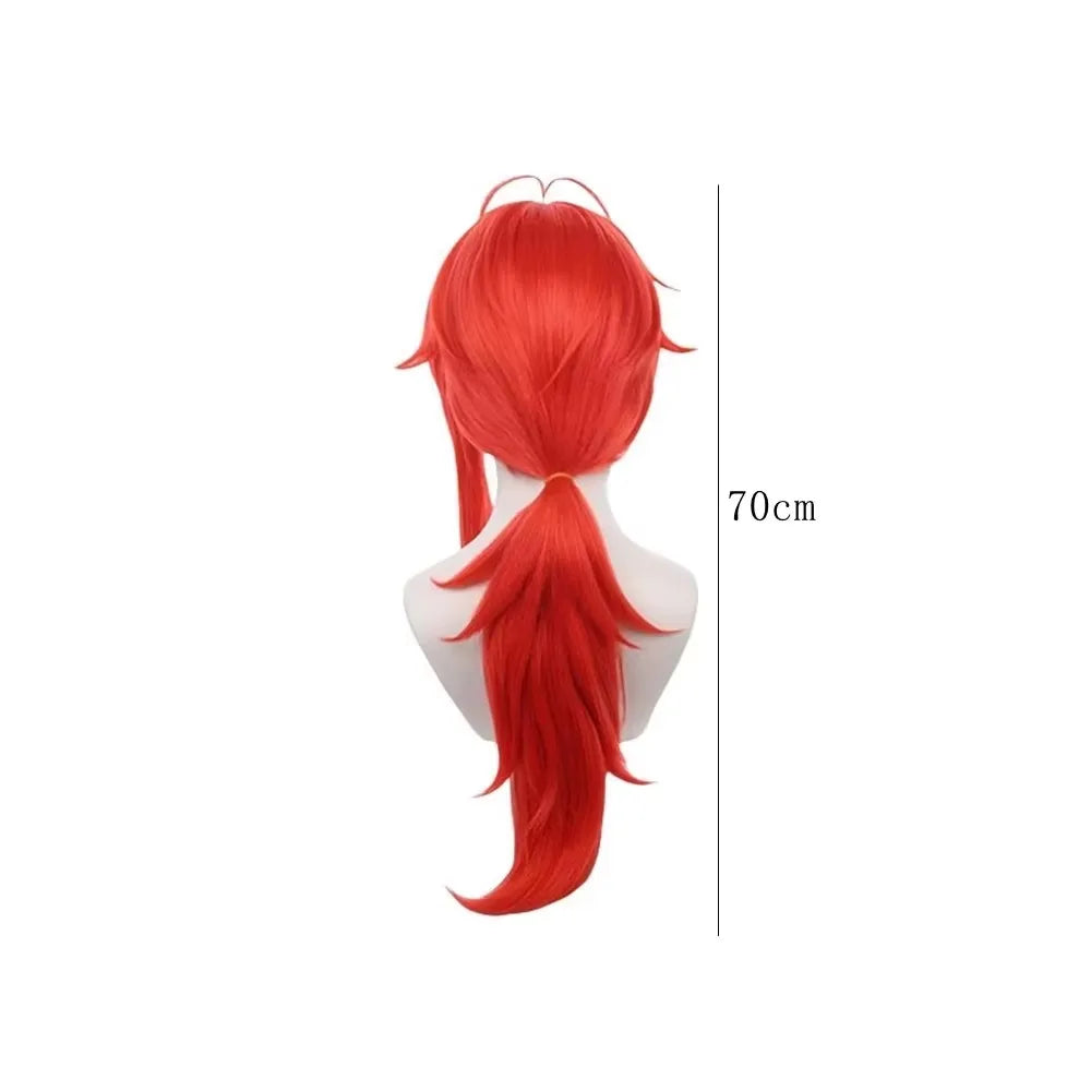 Diluc Anime Cosplay Wig – Long Red Straight Ponytail, Heat-Resistant Synthetic Hair
