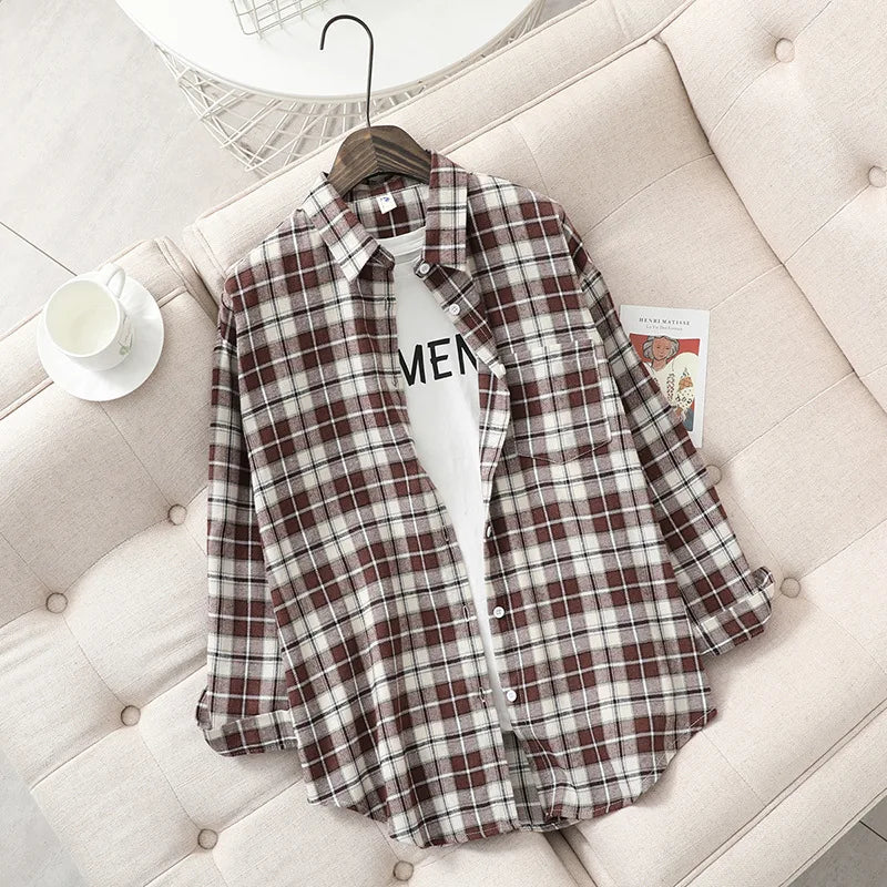 Loose Women's Plaid Shirt – College Style Long-Sleeve Checked Blouse, Casual Loose-Fit Top