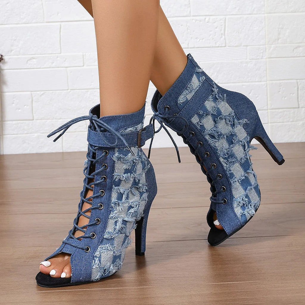 Women's Denim Latin Dance Heeled Sandals - Lace-Up Gladiator, Rubber Sole, 6–8 cm (2.4–3.1 in) Heel