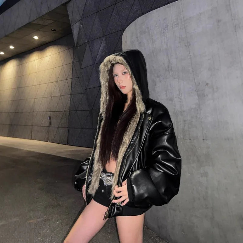 Women's Hooded Faux Fur Patchwork Coat – Short Shaggy Leather-Trim Warm Winter Jacket
