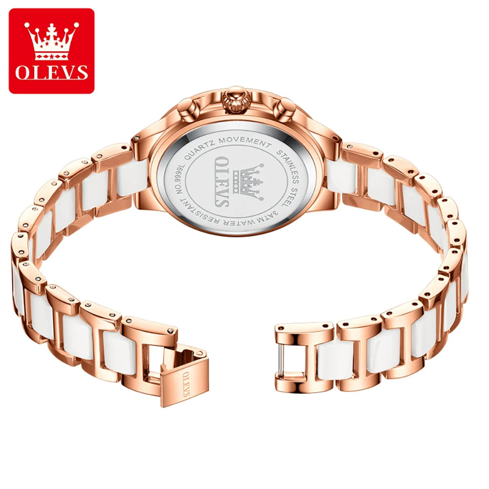 OLEVS Women's Ceramic 35mm Quartz Chronograph Watch - Waterproof Luminous Date Elegant Dress Wristwatch