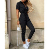 Women's Printed Belted Button-Front Collared Jumpsuit – Casual Office Capri (Ankle-Length)
