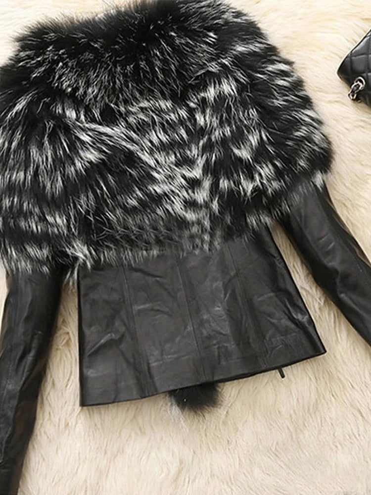 Women's PU Faux Leather Coat with Faux Raccoon Fur Trim Loose Streetwear Jacket Autumn Winter