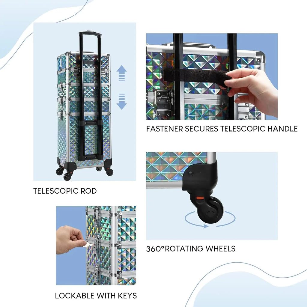 4-in-1 Rolling Makeup Train Case – Large Capacity Cosmetic Trolley with Wheels & Locking Keys for Salon and Travel