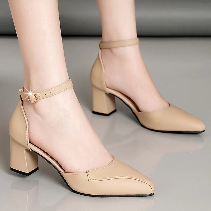 Women's Pointed T-Strap High Heels - PU Buckle Pumps with Thin Heel (5-8 cm / 2-3 in) Party Dress Sandals