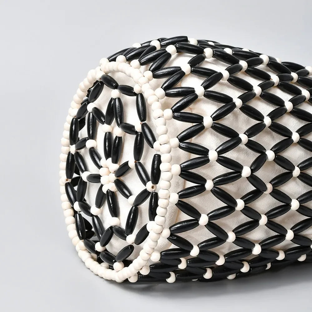 Woven Wooden-Bead Bucket Tote — Hollow-Out Straw Shoulder Bag for Women, Summer Beach Handbag