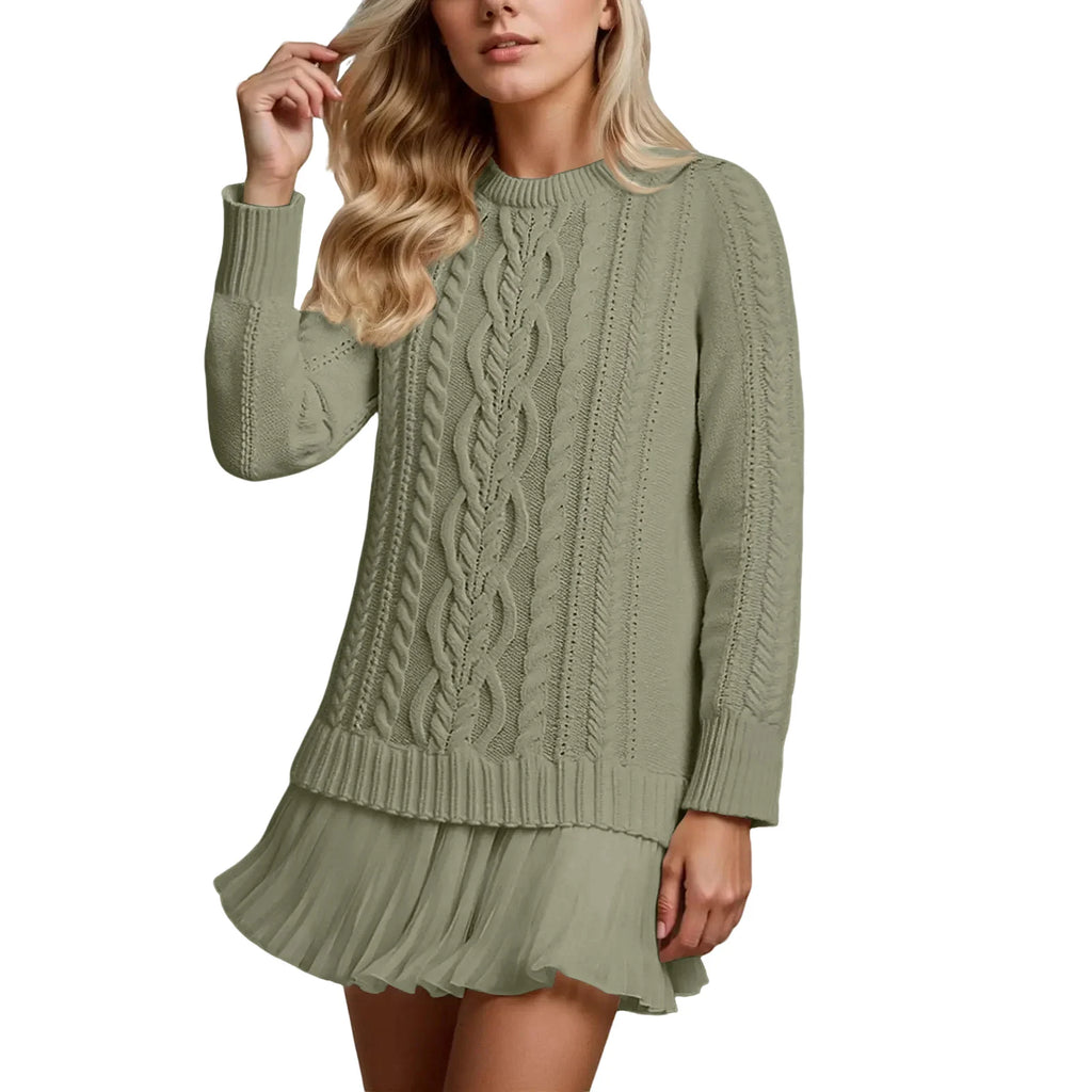Women’s Winter Cable Knit Chiffon-Splice Round Neck Mini Dress – Casual Slim Fit