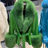 YOLOAgain Women's Genuine Sheepskin Leather Jacket with Real Fox Fur Detachable Collar & Sleeves - Belted Pockets, Autumn/Winter