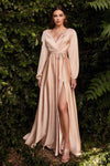 Green Satin V-Neck Floor-Length Evening Gown with High Split and Full Sleeves, Bridal Ball Pageant Dress