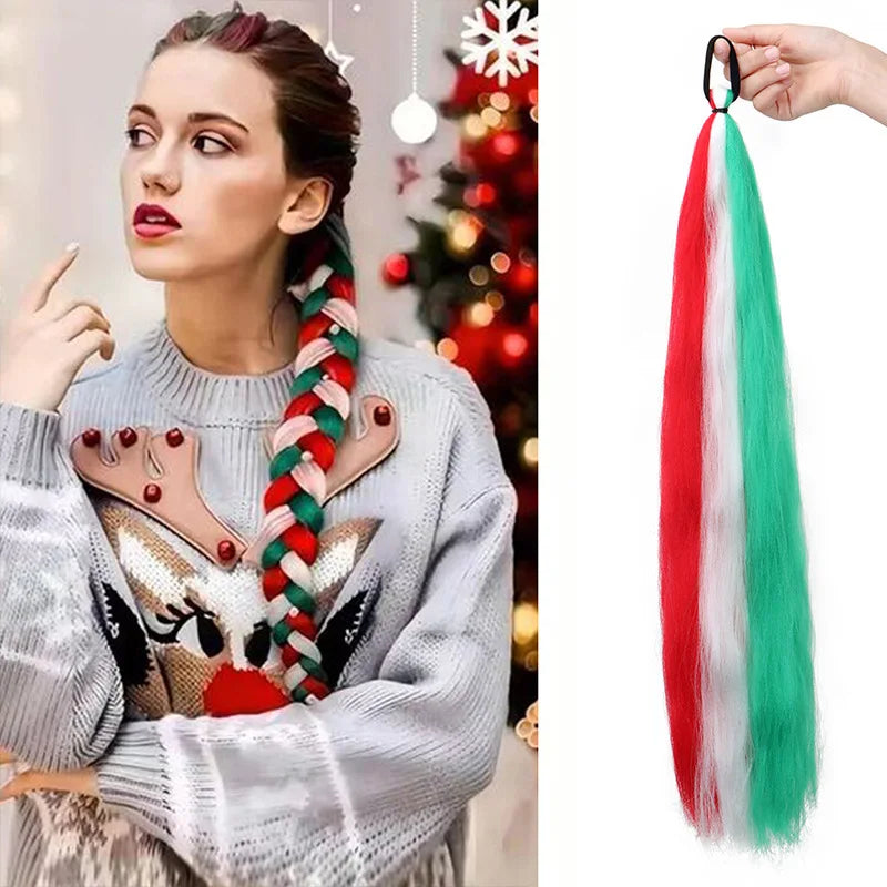 Clip-In Synthetic Ponytail Extension - Straight Colored Braid with Christmas Hair Clips, Holiday Gift