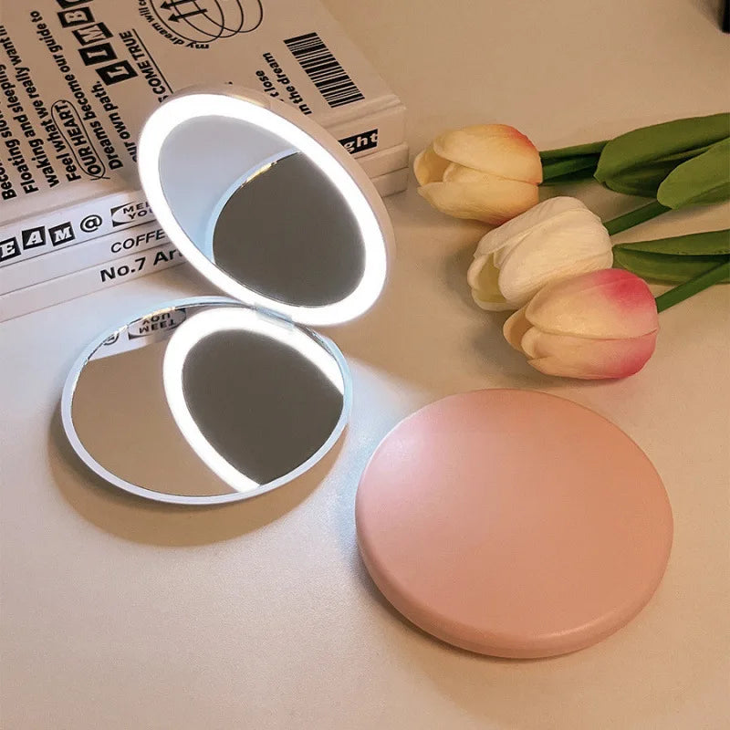Portable LED Makeup Mirror — Pocket Mini Handheld Folding Lighted Round Mirror