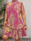 Plus Size Elegant Short Sleeve A-Line Dress, Black Gold Red Paisley Print, Ruched Hem Round Neck