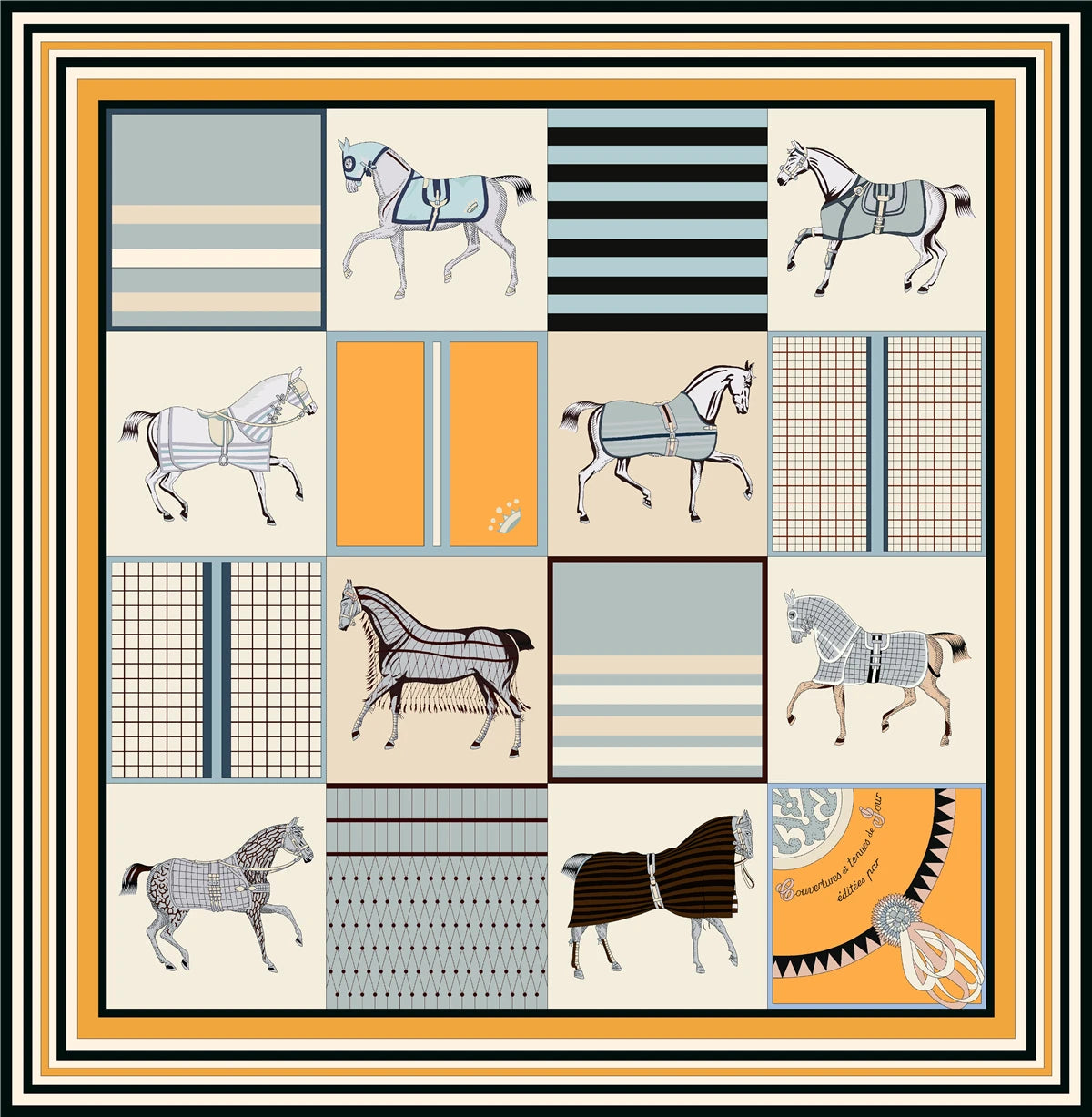 90 x 90 cm (35 in) Checkered Horse Print Twill Silk Square Scarf, Women's Luxury Bandana Shawl Hijab Neckerchief