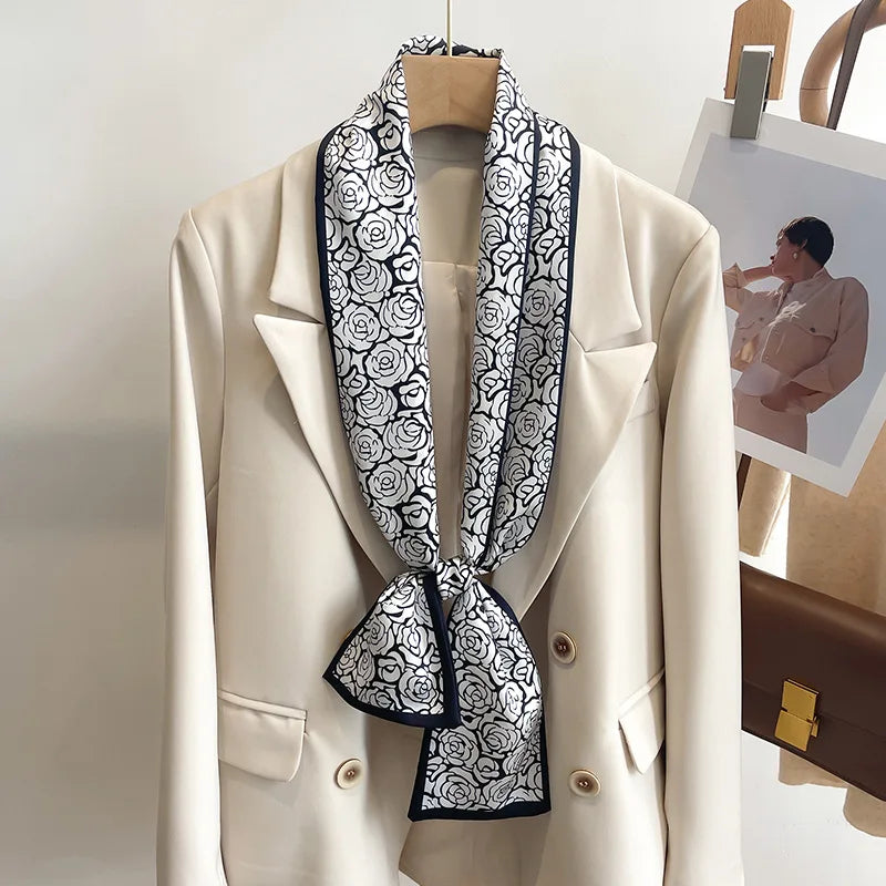 Women's Silk-Feel Printed Long Narrow Scarf 12 x 148 cm (4.7 x 58.3 in) - 50+ Colors | Headband & Shawl