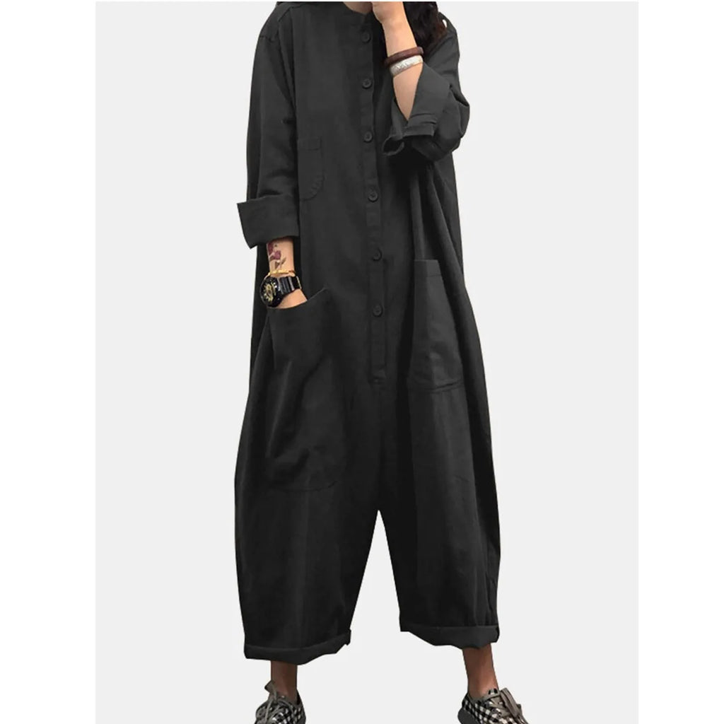 Women's Casual Cargo Jumpsuit — Loose Full-Length V-Neck with Pockets, Mid-Waist Long Sleeve Solid