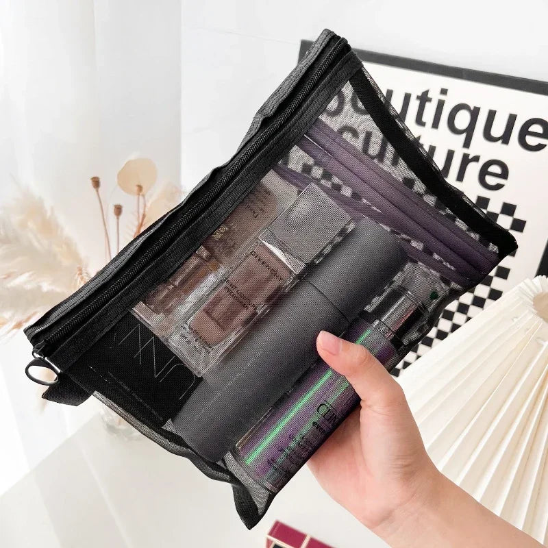 Clear Mesh Makeup Bags – Black Travel Cosmetic Organizer (Small/Medium/Large) – 1 or 3-Pack