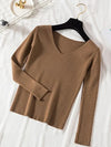 Women V-Neck Knitted Pullover Sweater — Slim Fit Long Sleeve One Size Autumn/Winter