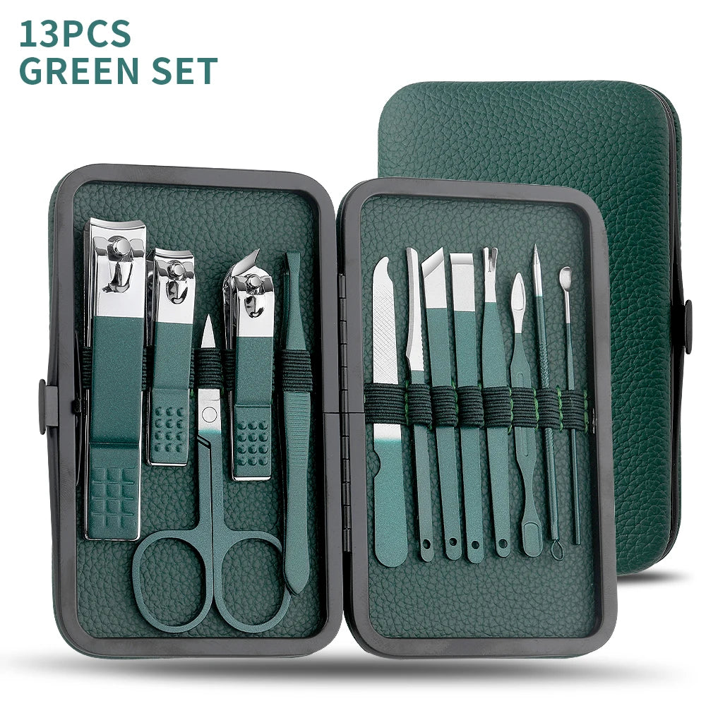 Green Stainless Steel Nail Clipper Set — 7/13/24-Pc Portable Manicure & Pedicure Tools