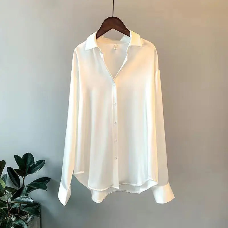 Women's Satin Button-Front Blouse — Korean Long Sleeve Casual Office Top, Slim Fit