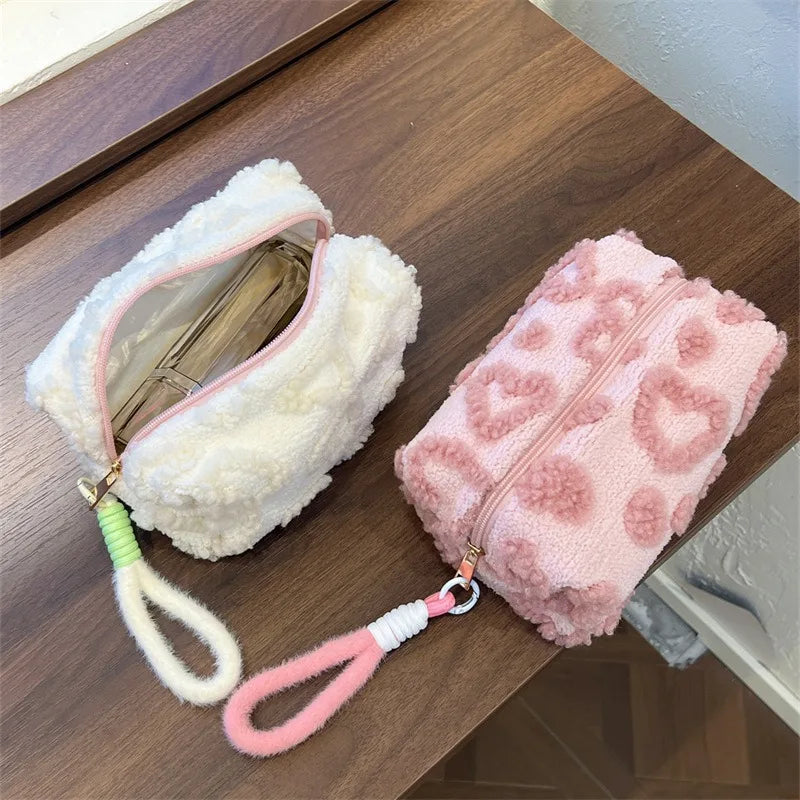 Plush Travel Makeup Bag with Handle — Heart Print Cosmetic Organizer Clutch Pouch
