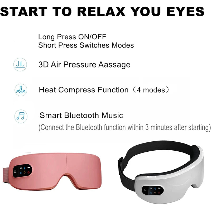 16D Heated Bluetooth Eye Massager - Smart Airbag Vibration Hot Compress, Foldable Rechargeable Eye Spa for Eye Fatigue, Dark Circles & Sleep