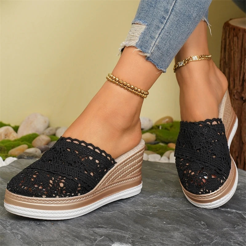 HAJINK Women's Lace Wedge Sandals – Breathable Summer Slide Heels, 5–8 cm (2–3 in) Heel, 3–5 cm (1.2–2 in) Platform