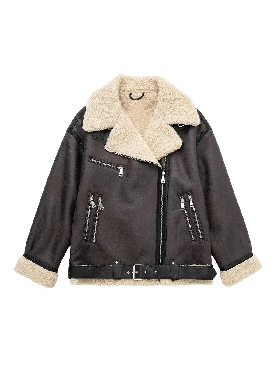 Women's Faux Lamb Fur Short Leather Bomber Jacket – Lapel Zipper Aviator Biker Coat