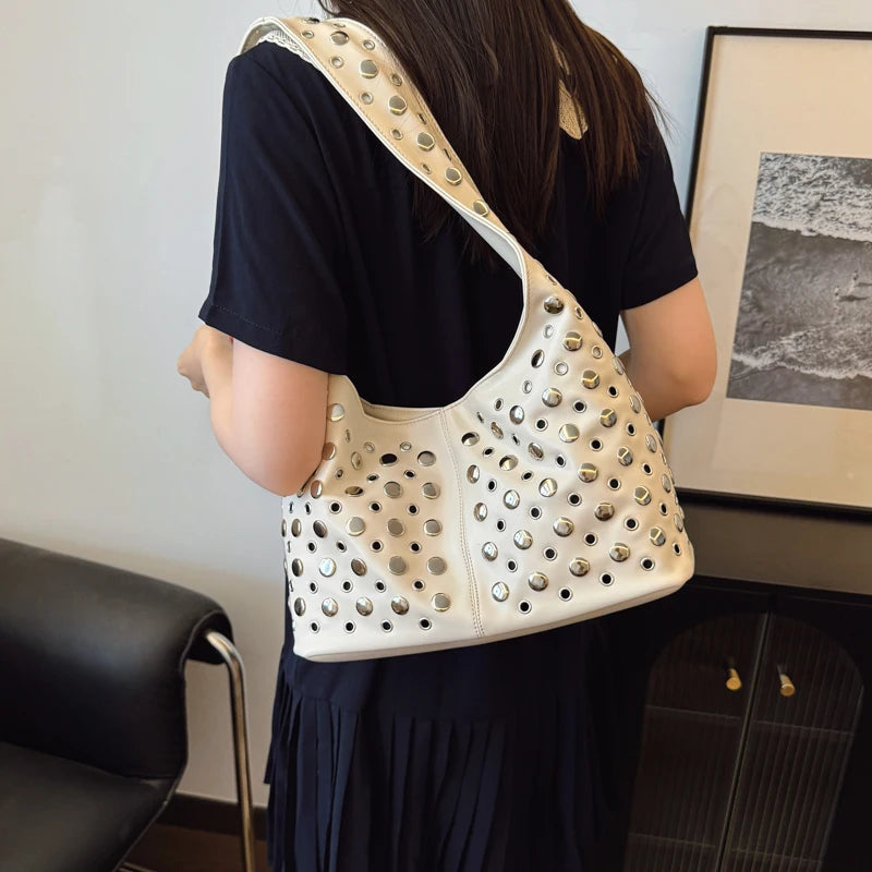 Rivets PU Leather Bucket Hobo Bag for Women - Punk Shoulder Handbag Purse