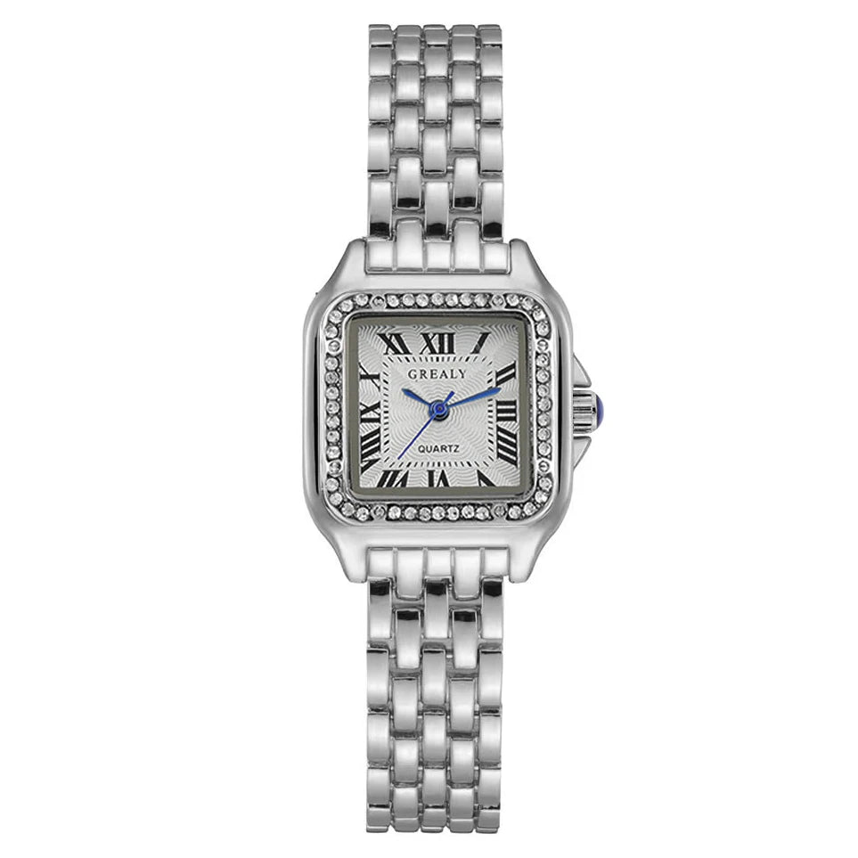 Women's Square Quartz Watch with Rhinestone Accents, 27mm Dial Stainless Steel Bracelet Casual Fashion Wristwatch