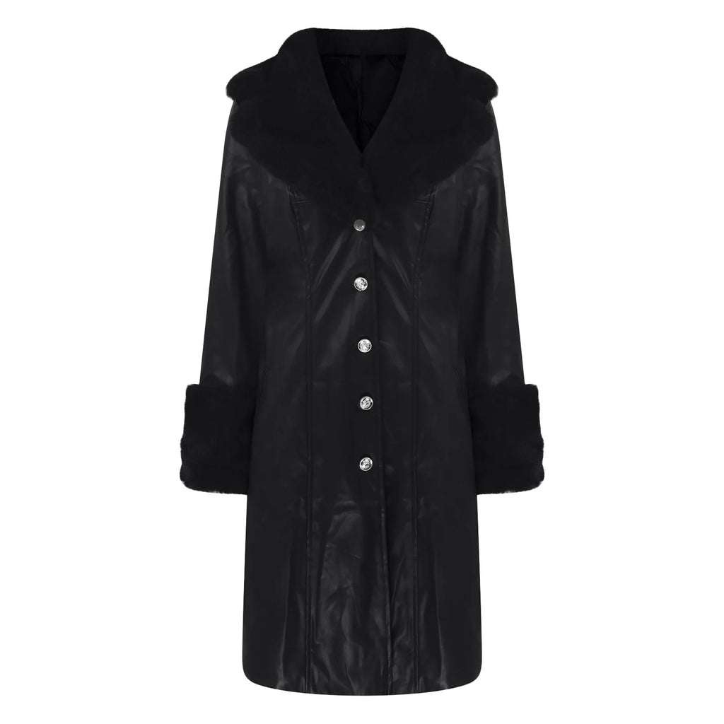 Women's PU Faux Leather Long Coat with Turn-Down Collar — Warm Casual Autumn Winter Jacket
