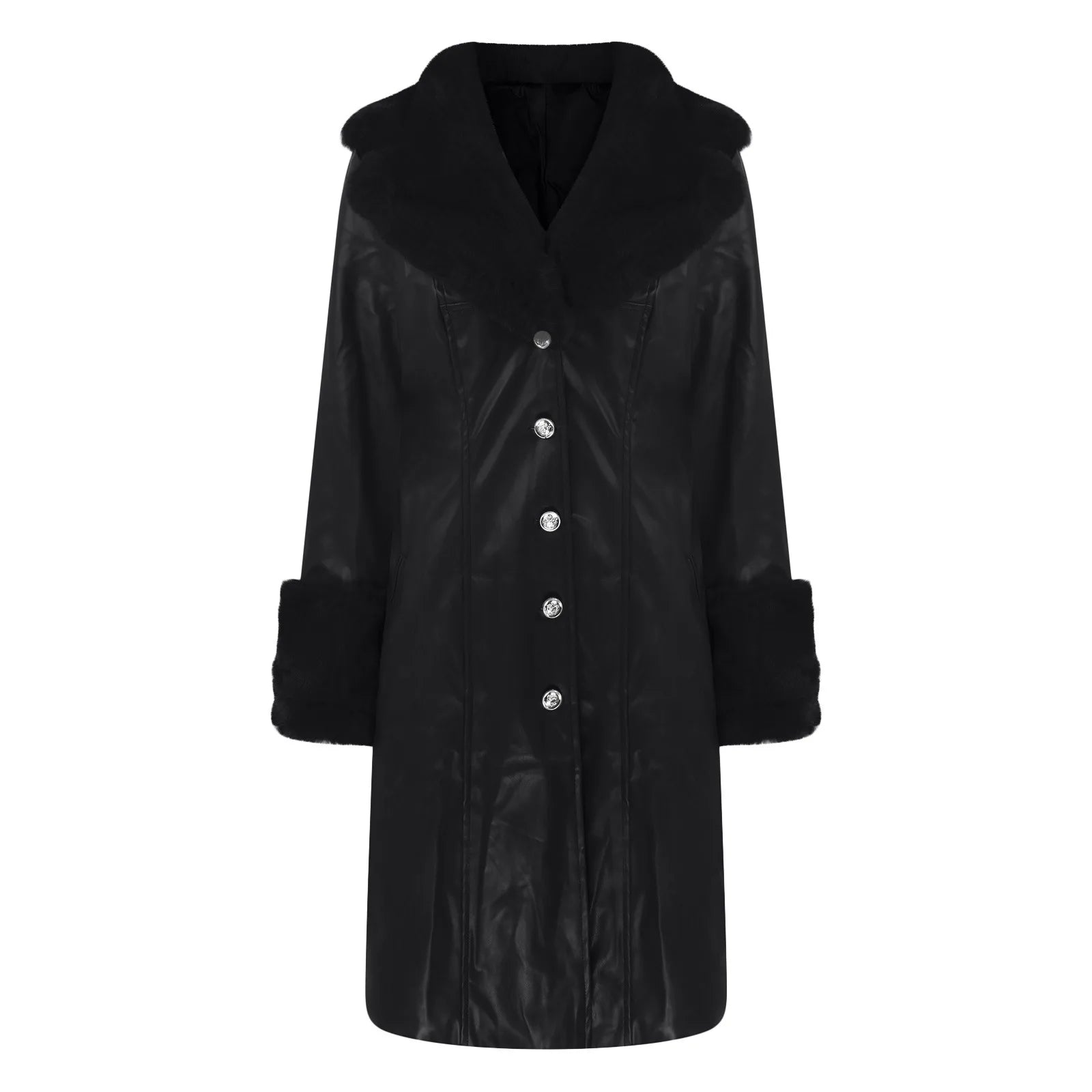 Women's PU Faux Leather Long Coat with Turn-Down Collar — Warm Casual Autumn Winter Jacket