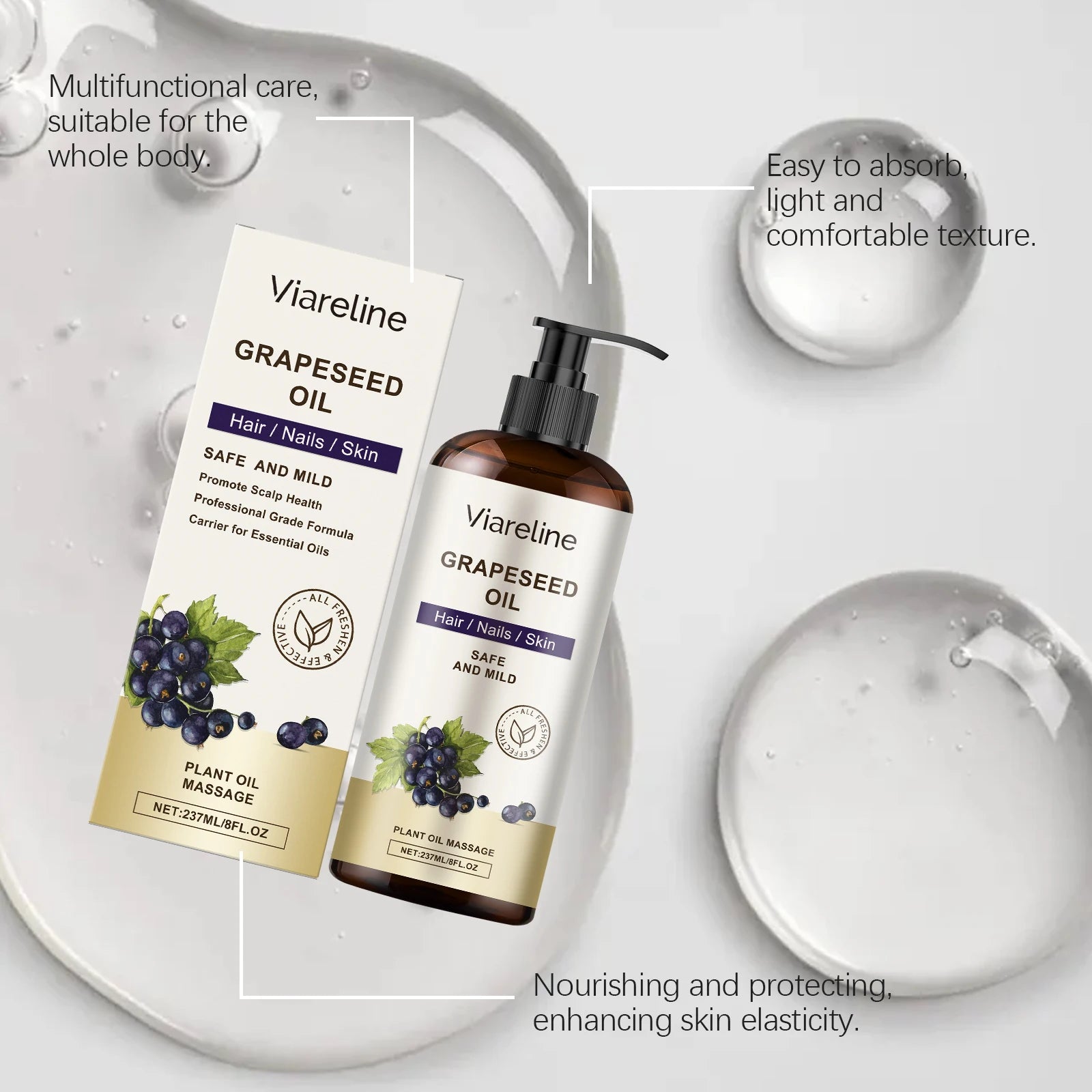 Grapeseed Oil 237 ml (8 fl oz) – Fast-Absorbing Moisturizing Body, Hair & Nail Massage Oil