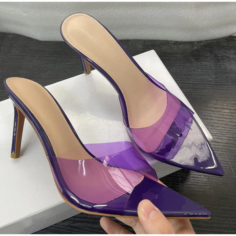 Transparent Pointed Stiletto Mules - Women's Clear High Heel Slip-On Sandals, 3.1 in (8 cm)