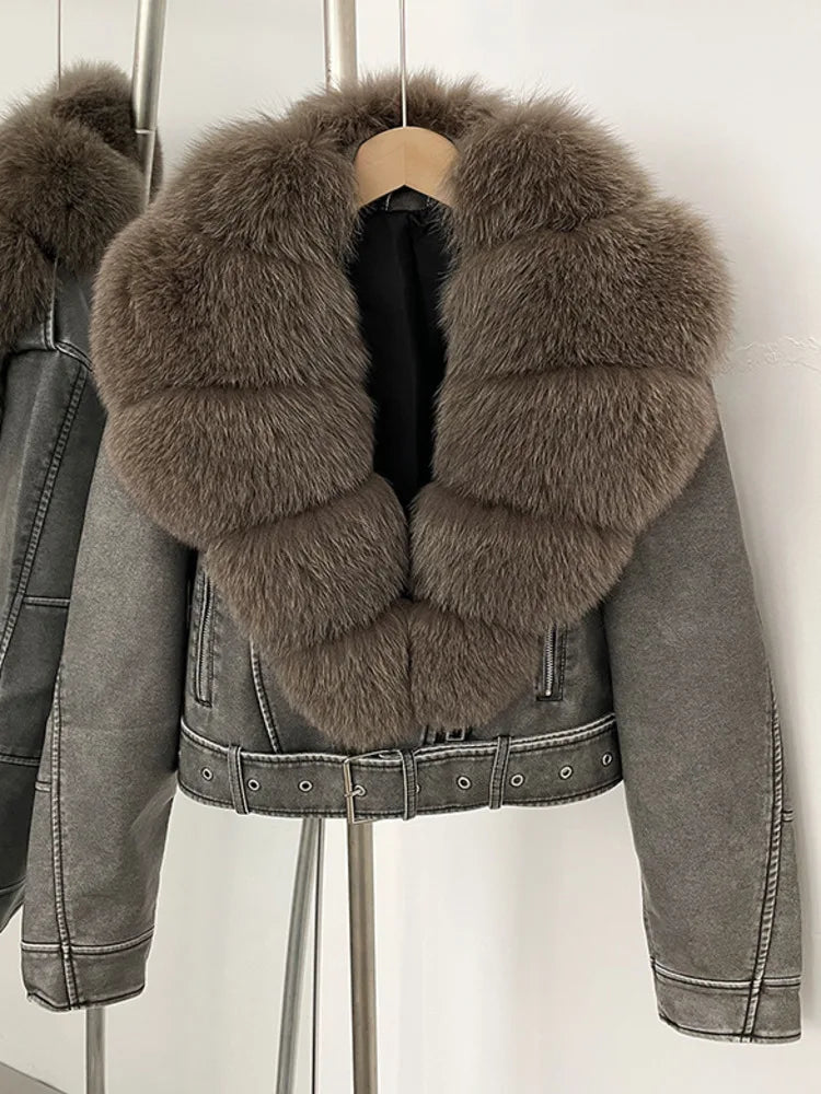 ZMEENNA Women's Faux Leather Moto Jacket with Detachable Faux Fur Collar - Short Warm Winter Coat