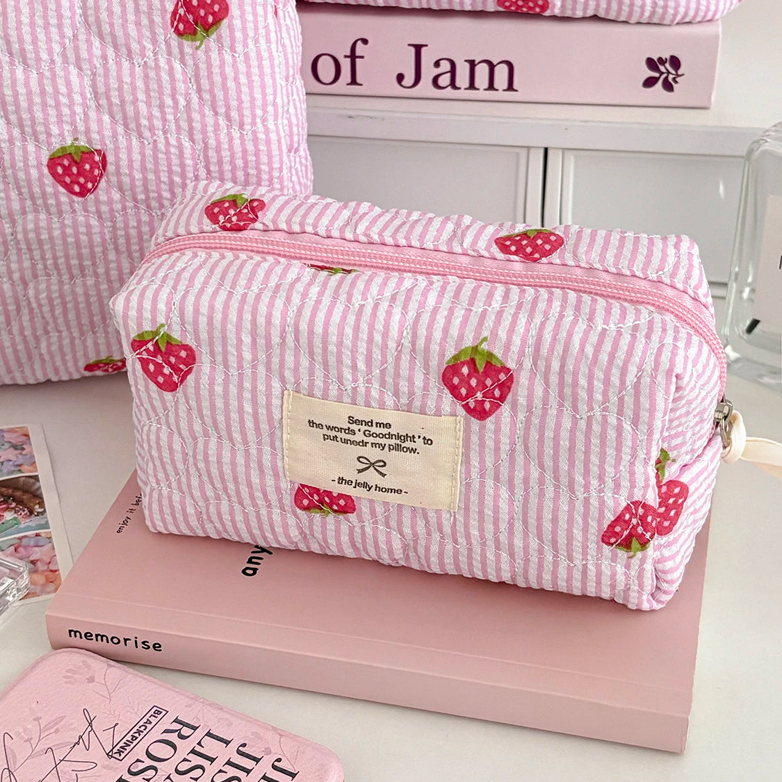 Pink Strawberry Quilted Cosmetic Bag – Portable Travel Makeup Pouch & Toiletry Organizer, Multiple Sizes (Small 15×9×8 cm / 5.9×3.5×3.1 in; Handbag 24×18.5×7 cm / 9.4×7.3×2.8 in; Tote 25×16×15 cm / 9.8×6.3×5.9 i