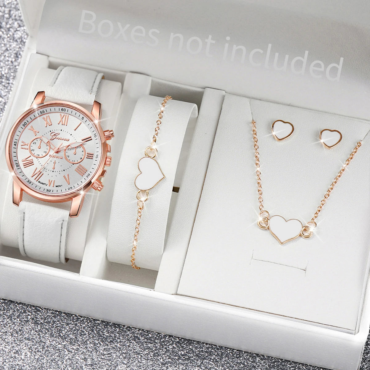5/6-Piece Women's Quartz Leather Strap Watch Set with Heart Rhinestone Charm - Analog Fashion Wristwatches (Box Not Included)