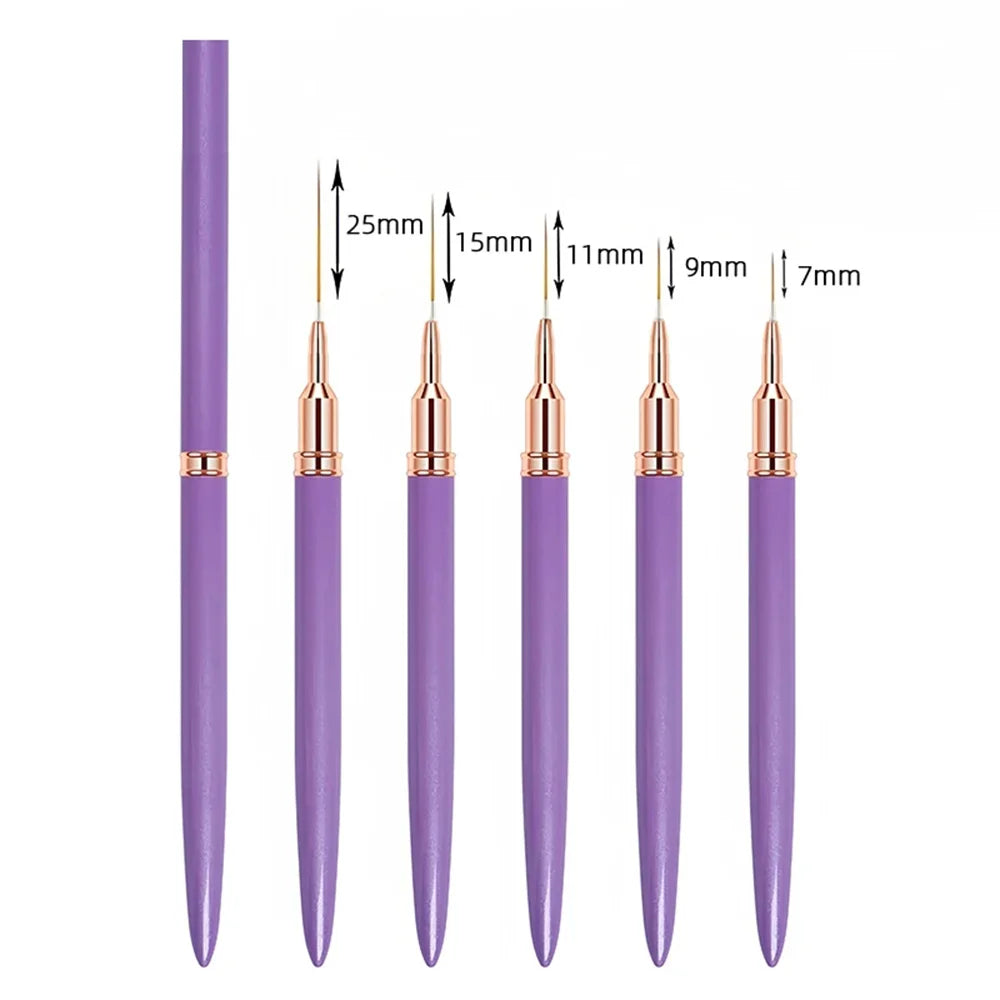 Nail Art Liner Brushes 5-Pack - Fine Detail Striping Pens (7/9/11/15/25 mm) for Gel & Acrylic Nail Design