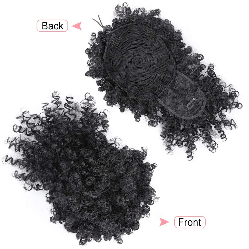 Afro Puff Drawstring Ponytail with Bangs – Short Curly Clip-In Wrap Updo, Heat-Resistant Synthetic Hair