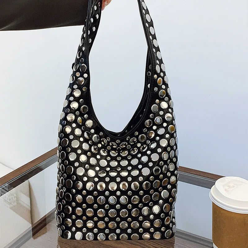 Women's Punk Metal Rivet PU Suede Bucket Shoulder Bag Underarm Tote Motorcycle Chic