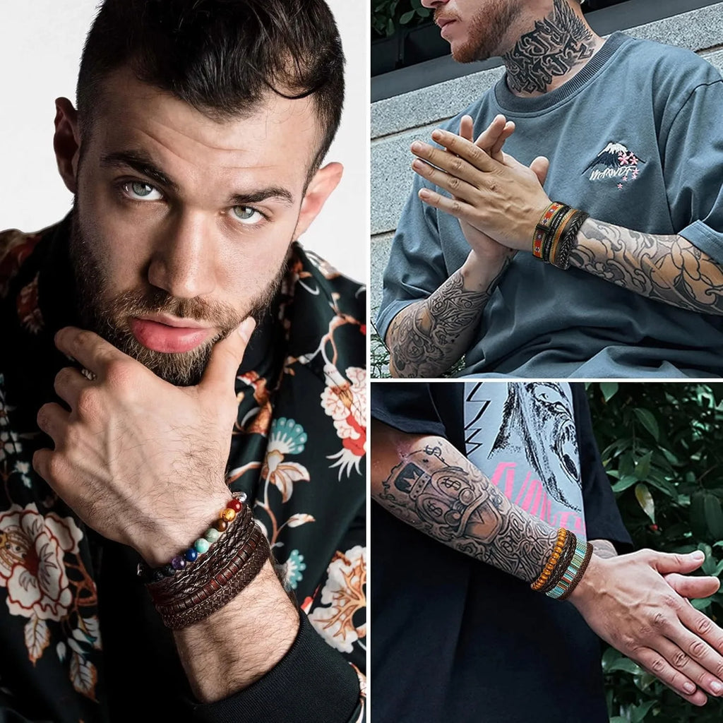 31-Piece Braided Leather & Hemp Bracelet Set for Men & Women - Wooden Bead Tribal Punk Multilayer Wristbands