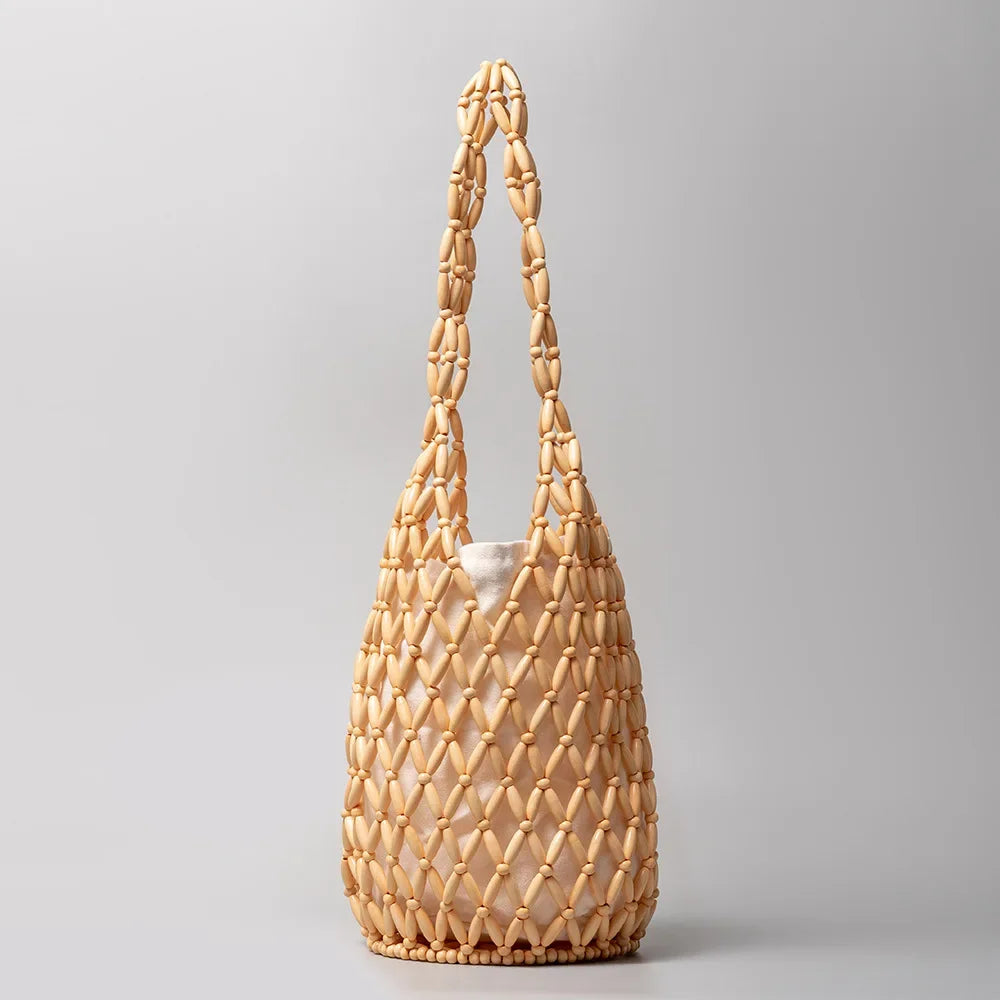 Woven Hollow-Out Bucket Shoulder Bag with Wooden Bead Handle - Netted Canvas Beach Tote for Women