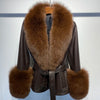 YOLOAgain Women's Genuine Sheepskin Leather Jacket with Real Fox Fur Detachable Collar & Sleeves - Belted Pockets, Autumn/Winter