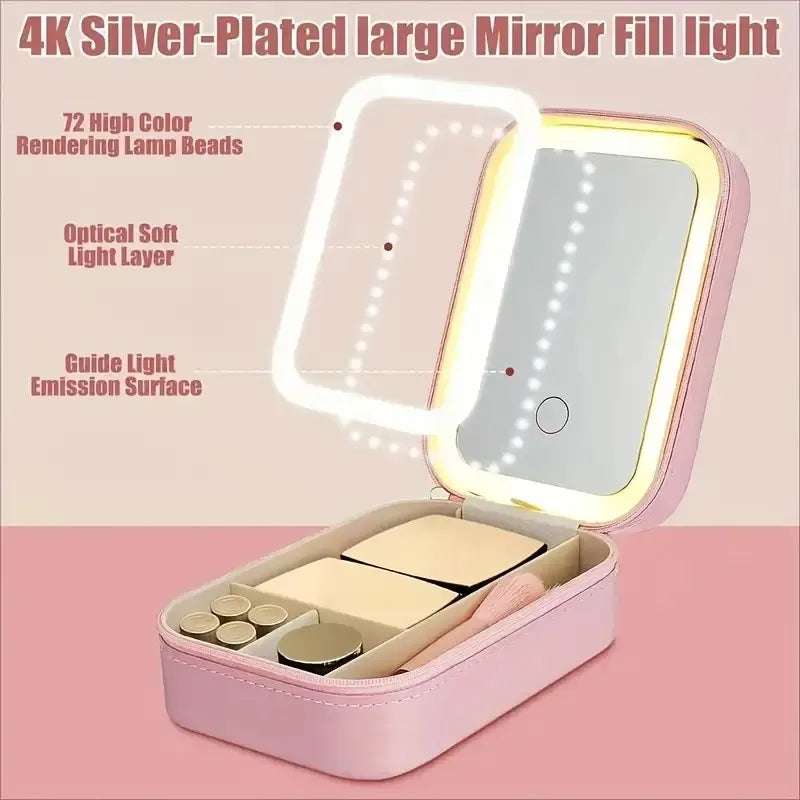 Foldable USB LED Makeup Mirror, Touch Control, 1X/10X Magnification, Adjustable Brightness, Pink Faux Leather Travel Cosmetic Organizer