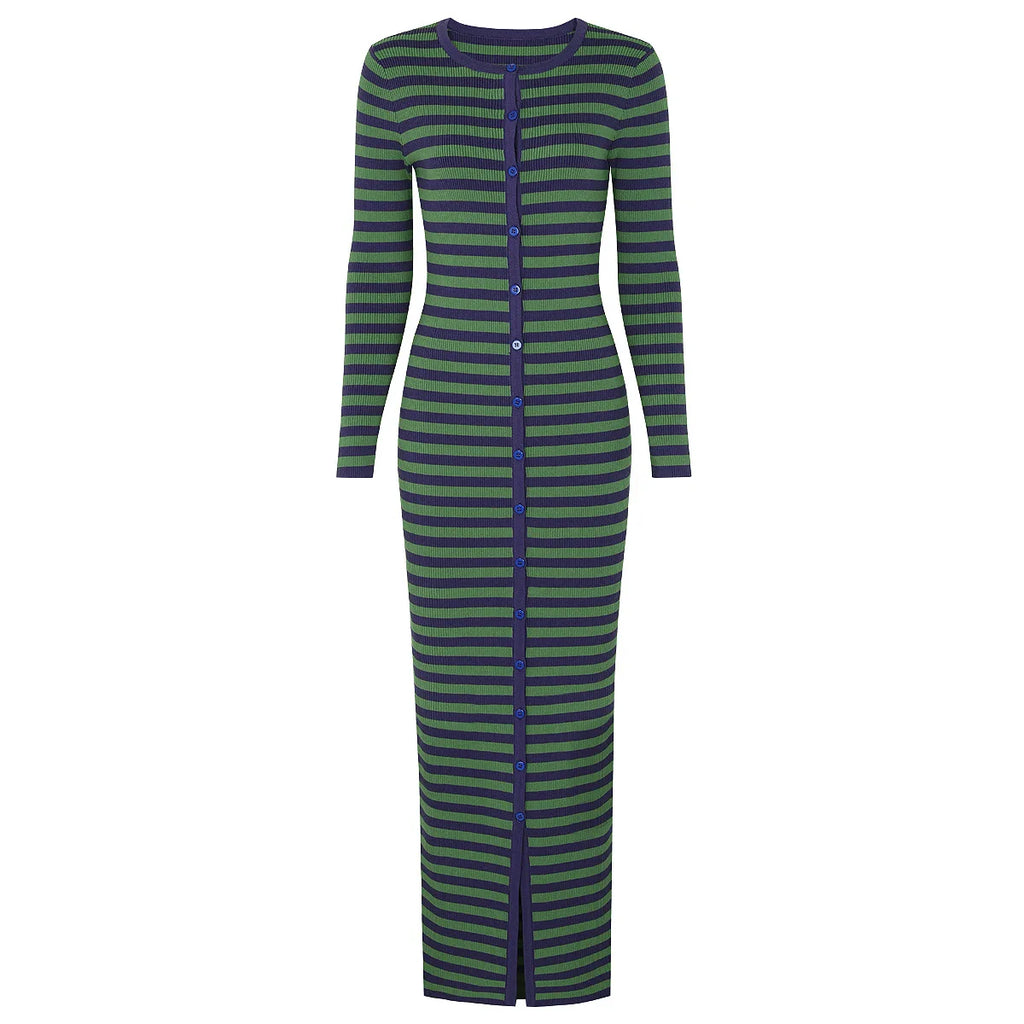 ZJYT Striped Knit Midi Sweater Dress – O-Neck Long Sleeve Slim Straight Casual Autumn/Winter Dress for Women