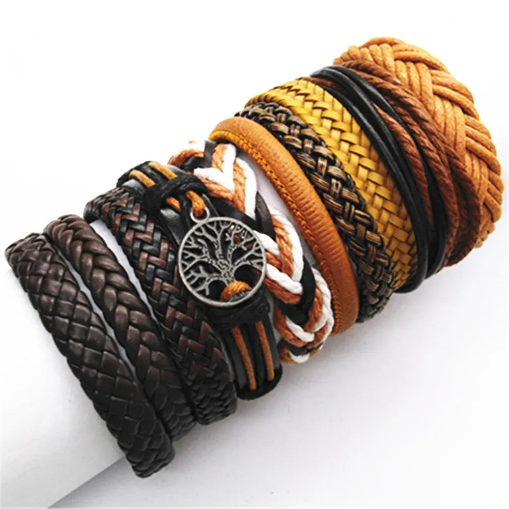 10-Pack Adjustable Black Woven Wrap Leather Bracelets – Handmade Unisex Rope Chain Lace-Up