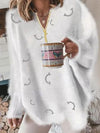 Women's V-Neck Long Sleeve Knit Pullover Zipper Loose-Fit Printed Sweater with Tassel, Casual Office